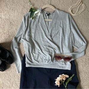 Express Light Gray Ribbed Wrap-Front Bodysuit